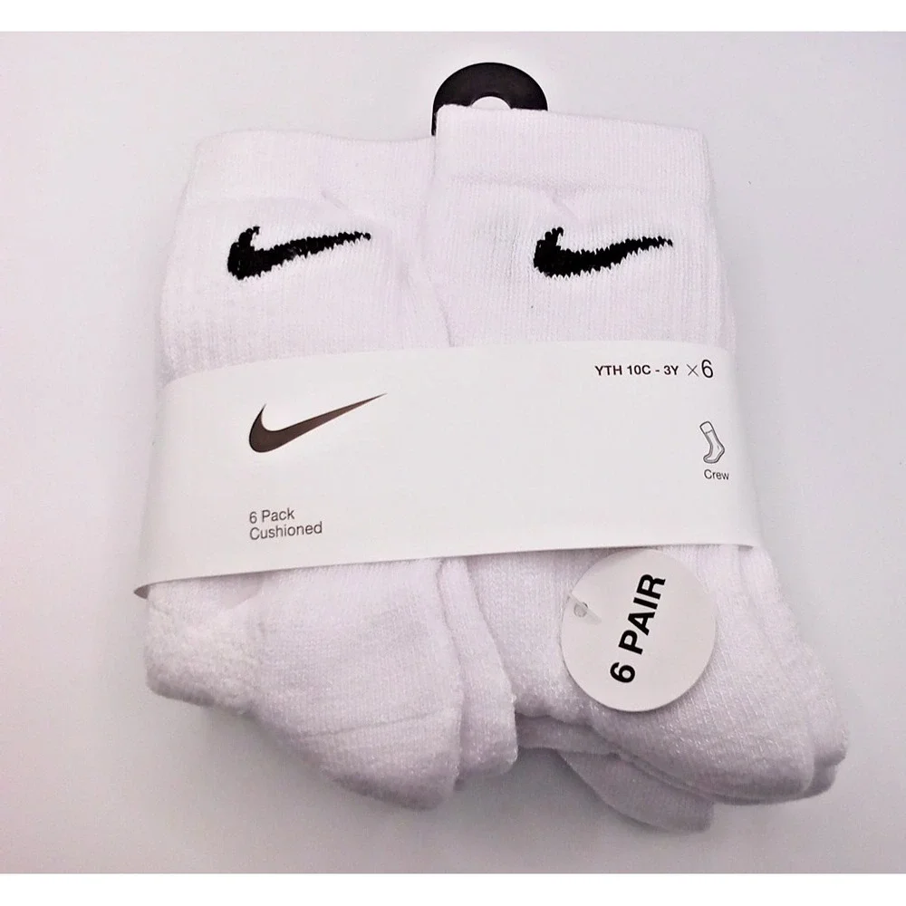 NIKE Kids Unisex Cushioned Crew Socks 6 Pairs White, YTH Shoe Size 10c-3y